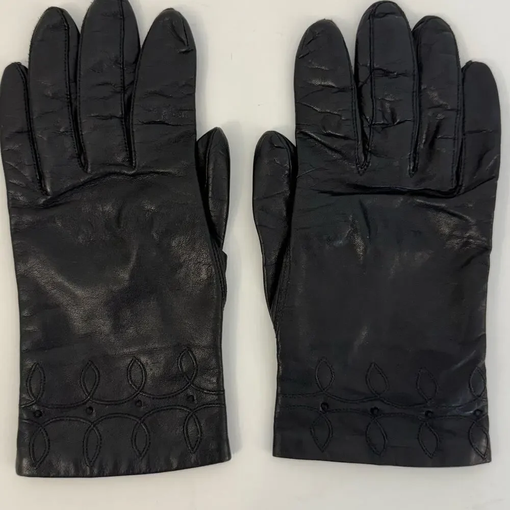 Fownes Vintage Black Leather Gloves with Antron Nylon Lining Women’s Size 7